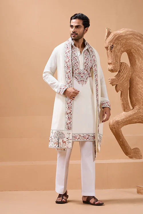Vibrant Look White Kurta Dupatta Set for Mens Wear Clothsvilla