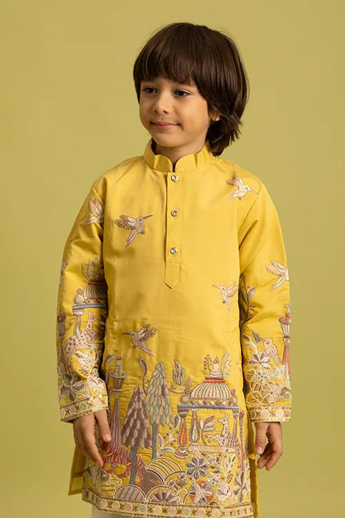 Vantara Style Yellow Kids Kurta Pajama Outfit Clothsvilla