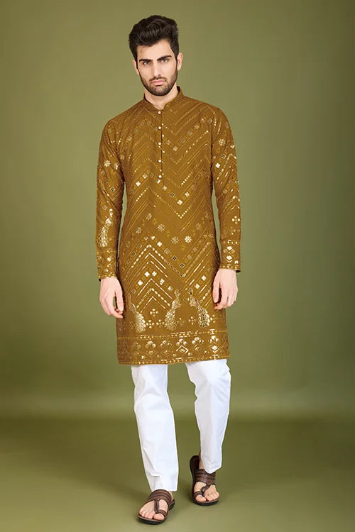 Yellow Viscose Rayon Men's Kurta with Thread & Sequence Work Clothsvilla