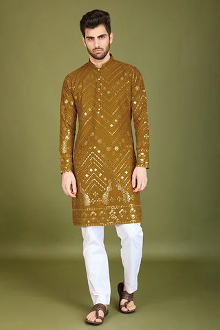 Yellow Viscose Rayon Men's Kurta with Thread & Sequence Work Clothsvilla