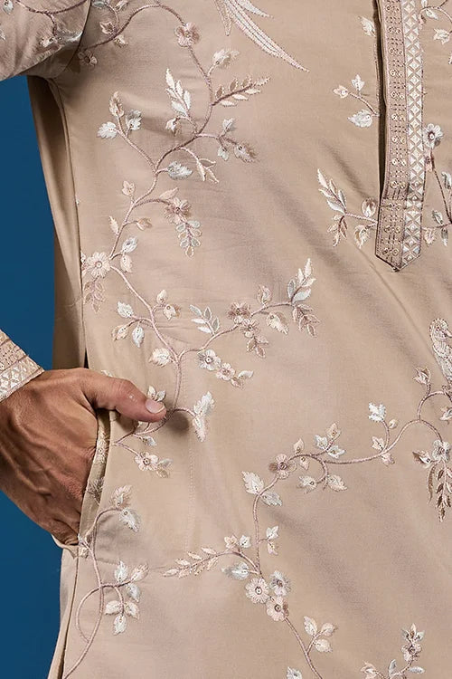 Elegant Beige Embroidered Viscose Silk Kurta for Mens Clothsvilla