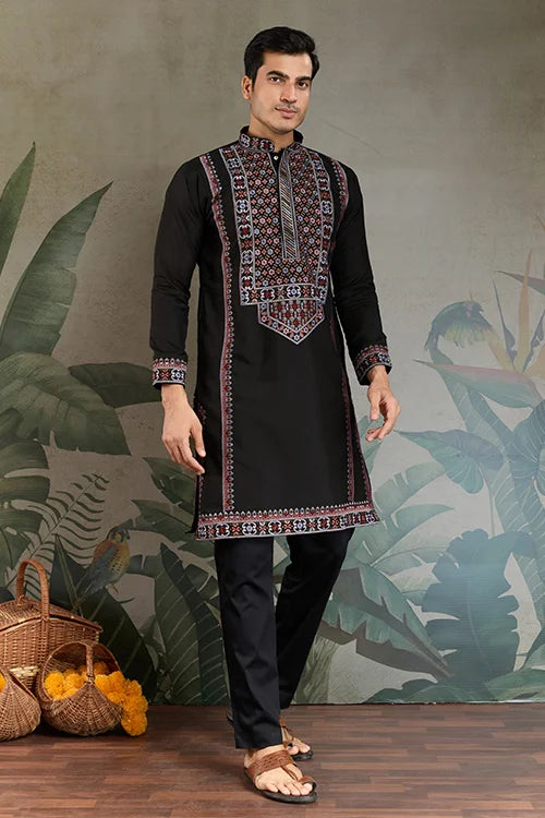 Designer Premium Embroidered Black Silk Kurta for Men Clothsvilla