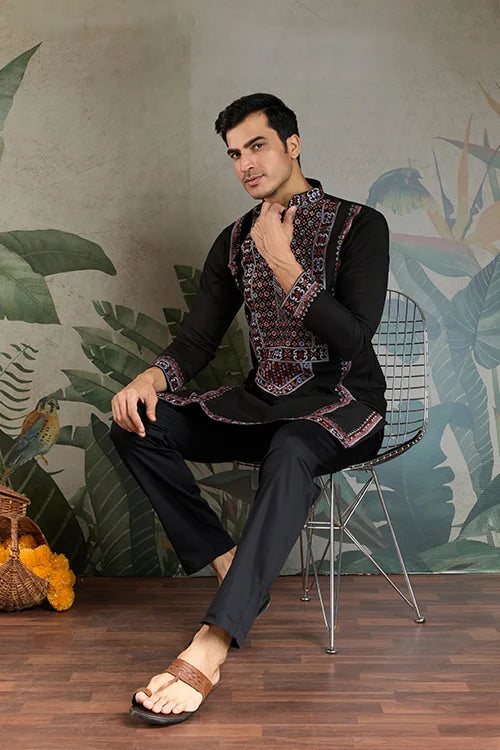 Designer Premium Embroidered Black Silk Kurta for Men Clothsvilla
