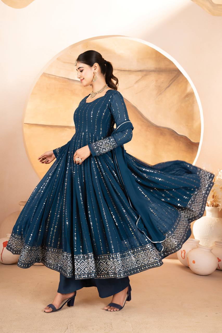 Rama Designer Luxury Anarkali Suit Set (3-Piece) – Heavy Sequin & Thread Embroidery ClothsVilla
