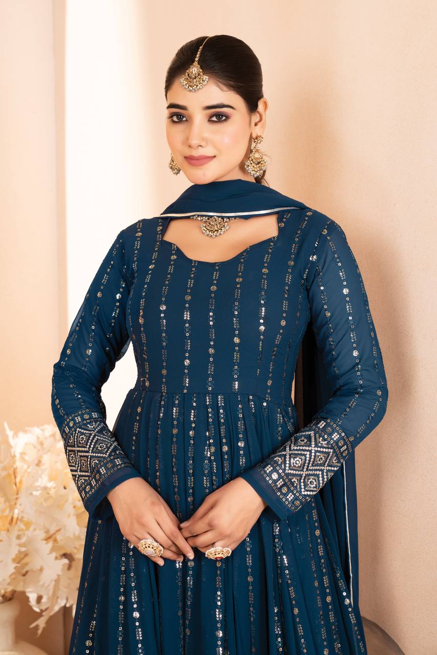 Rama Designer Luxury Anarkali Suit Set (3-Piece) – Heavy Sequin & Thread Embroidery ClothsVilla