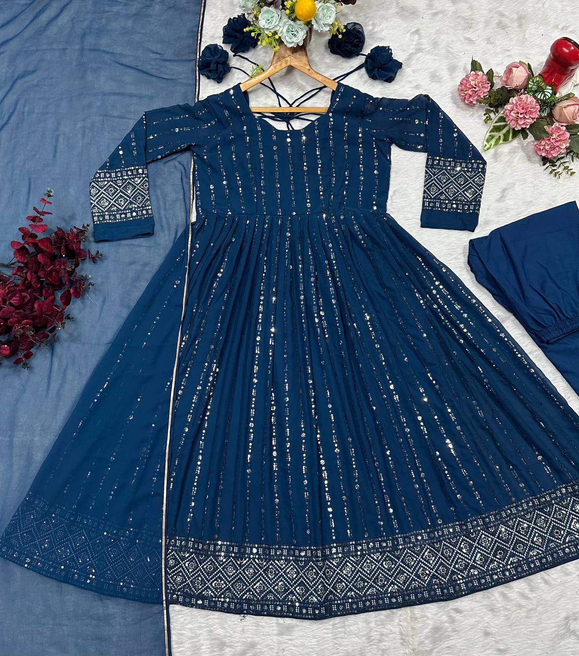 Rama Designer Luxury Anarkali Suit Set (3-Piece) – Heavy Sequin & Thread Embroidery ClothsVilla