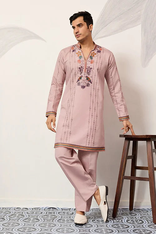Classic Pink Embroidered V Neck Kurta Pant Outfit for Mens Wear Clothsvilla
