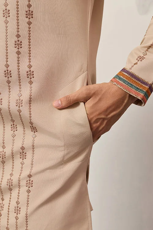 Premium Beige Embroidered V Neck Kurta Pant Set Clothsvilla