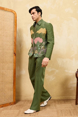 Regal Green Bomber Jacket with Thread Work and Pant for Mens Clothsvilla