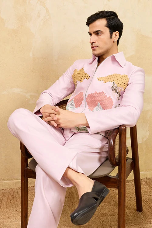 Mens Wear Special Pink Velvet Bomber Jacket Set Clothsvilla