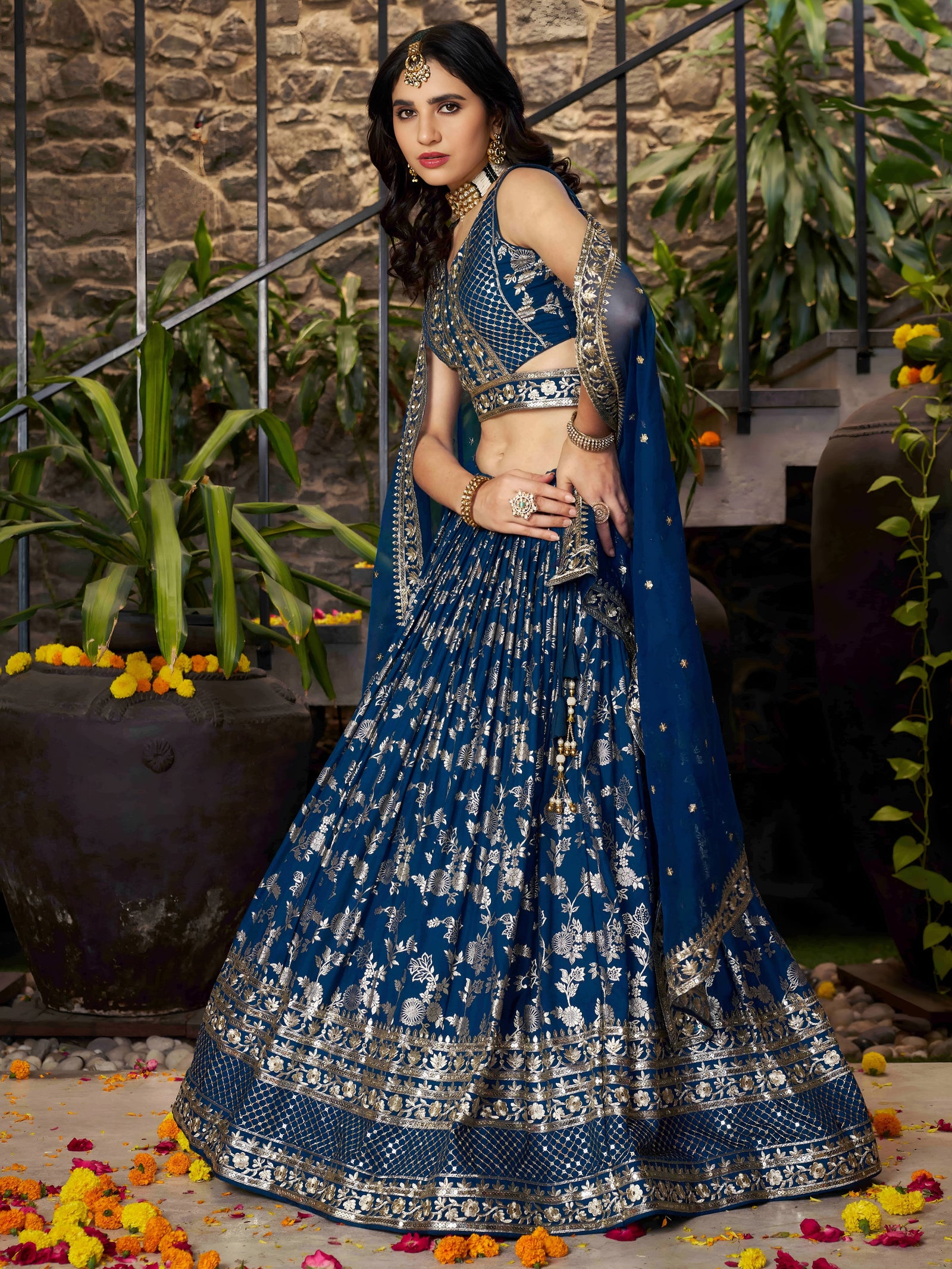 Dove Blue Dola Silk Jacquard Embroidered Lehenga Choli Clothsvilla