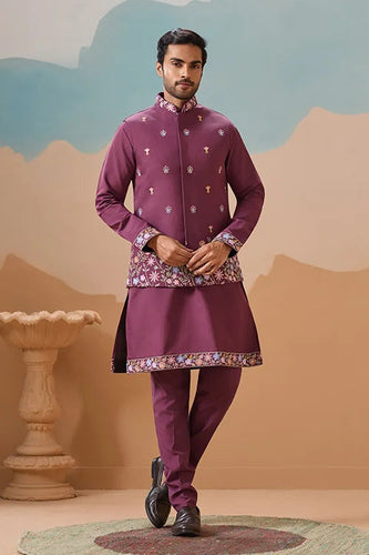 Dusty Color Embroidered Koti Kurta with Pant for Mens Clothsvilla