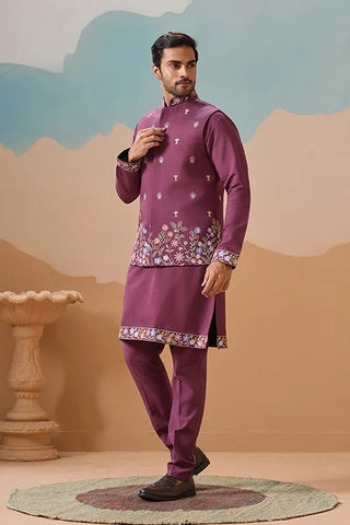 Dusty Color Embroidered Koti Kurta with Pant for Mens Clothsvilla