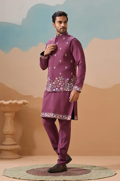 Dusty Color Embroidered Koti Kurta with Pant for Mens Clothsvilla