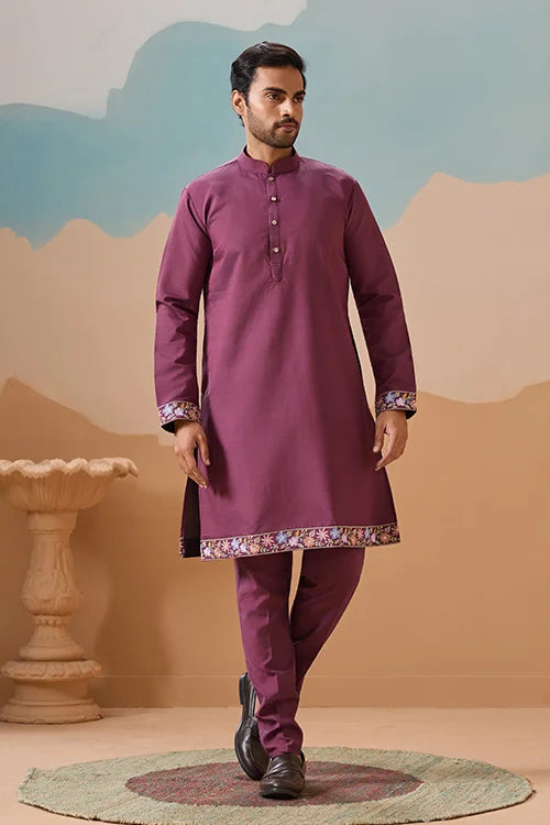 Dusty Color Embroidered Koti Kurta with Pant for Mens Clothsvilla