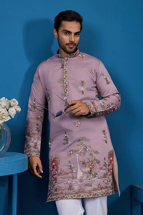Heavy Embroidered Dusty Pink Kurta for Men Clothsvilla