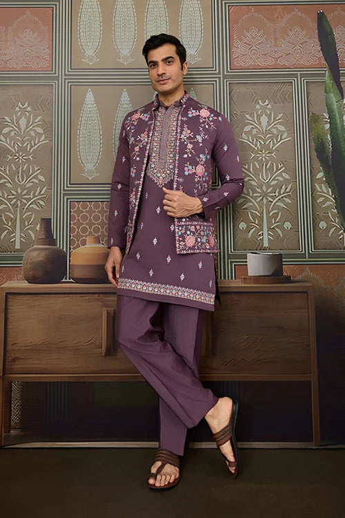 Dusty Purple Wedding Kurta with Matching Koti Set for men Clothsvilla Main image