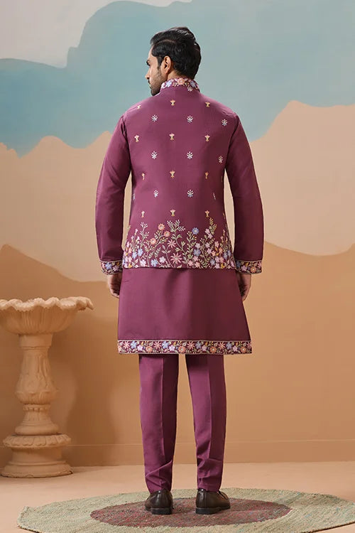 Dusty Color Embroidered Koti Kurta with Pant for Mens Clothsvilla