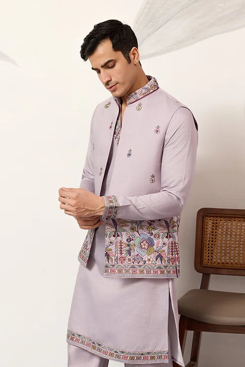 Indian Traditional Dusty Lavender Koti Kurta Pant Wedding Set Clothsvilla