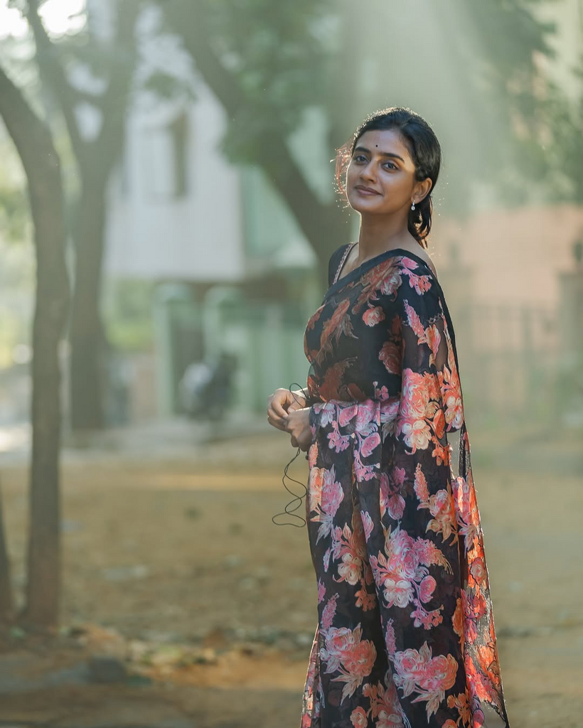 Midnight Bloom Black Georgette Saree with Vintage Rose Floral Print & Matching Blouse Fabric FANCY SAREES