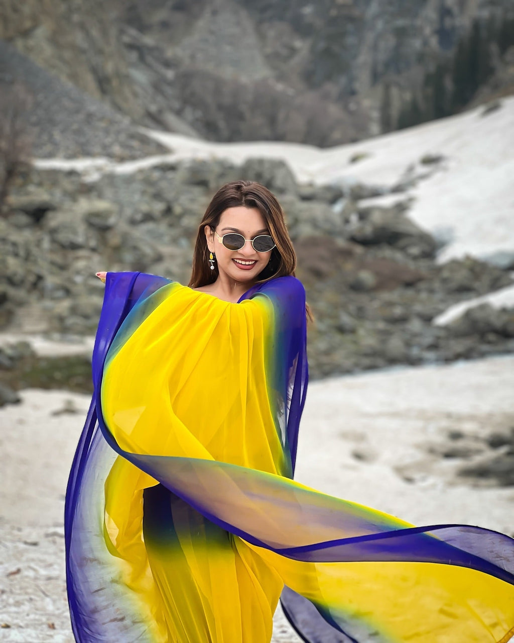 Dual-Tone Yellow Blue Georgette Printed Saree for Daily & Festive Look FANCY SAREES