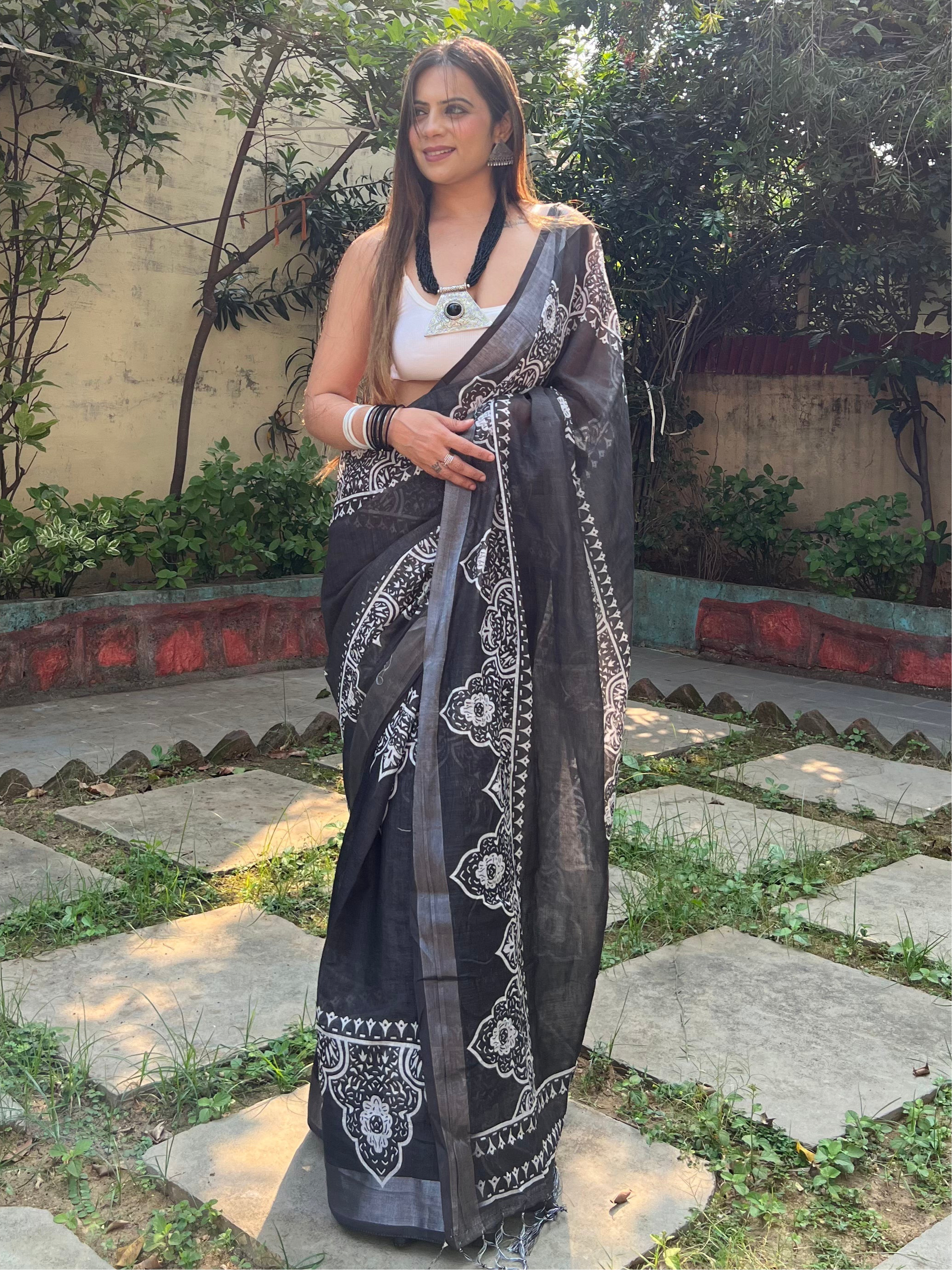 Black and White Pure Cotton Linen Saree with Intricate Floral Design and Tassels on Edges LINEN