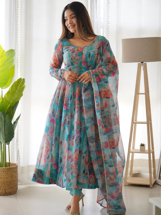 Sky Blue Elegant Summer Wedding Anarkali Set with Dupatta – Organza Silk & Lucknowi Belt