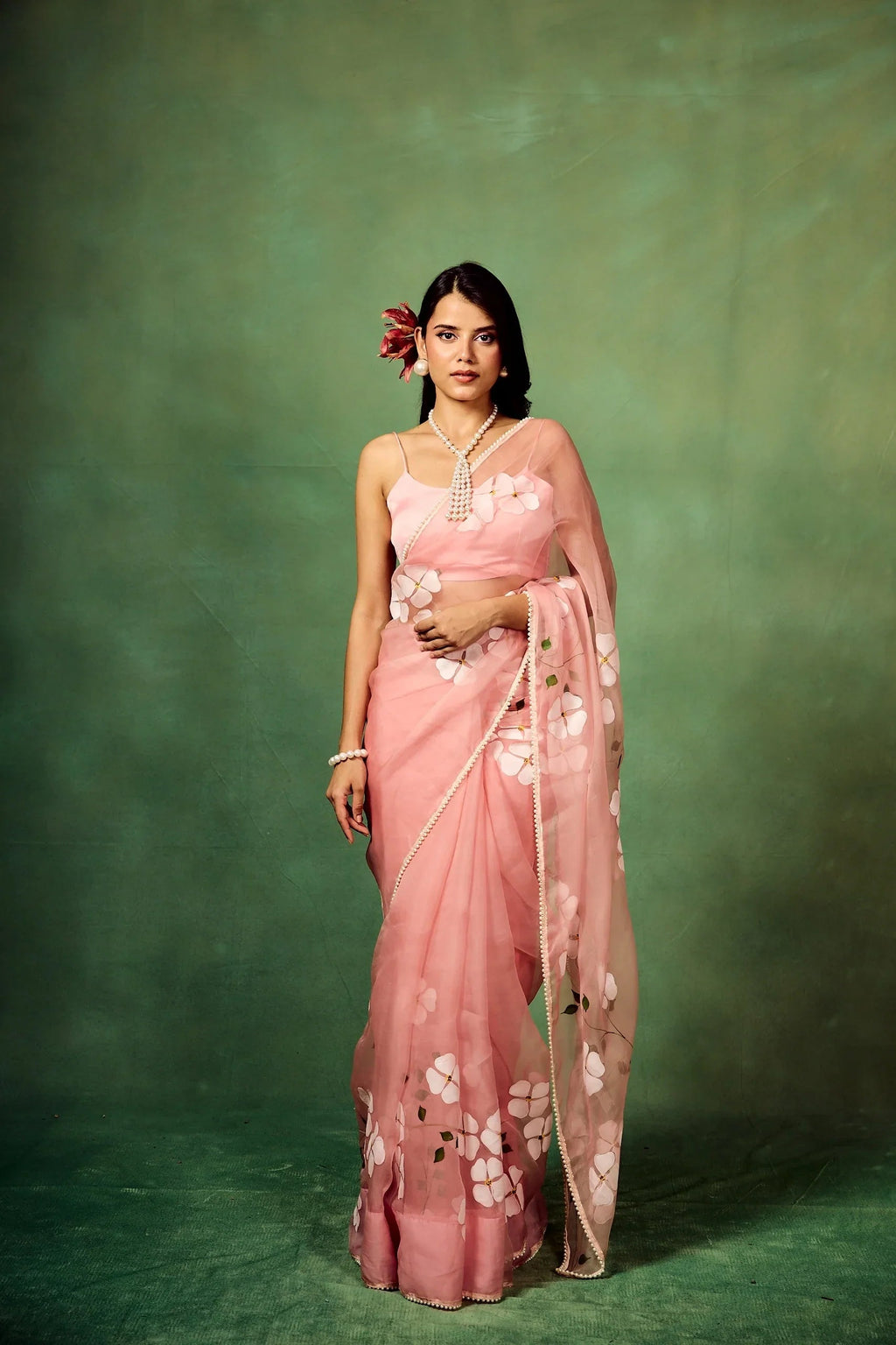 Blush Pink Pure Organza Saree with Hand-Painted White Floral Motifs & Sequin Accents | Satin Blouse FANCY SAREES