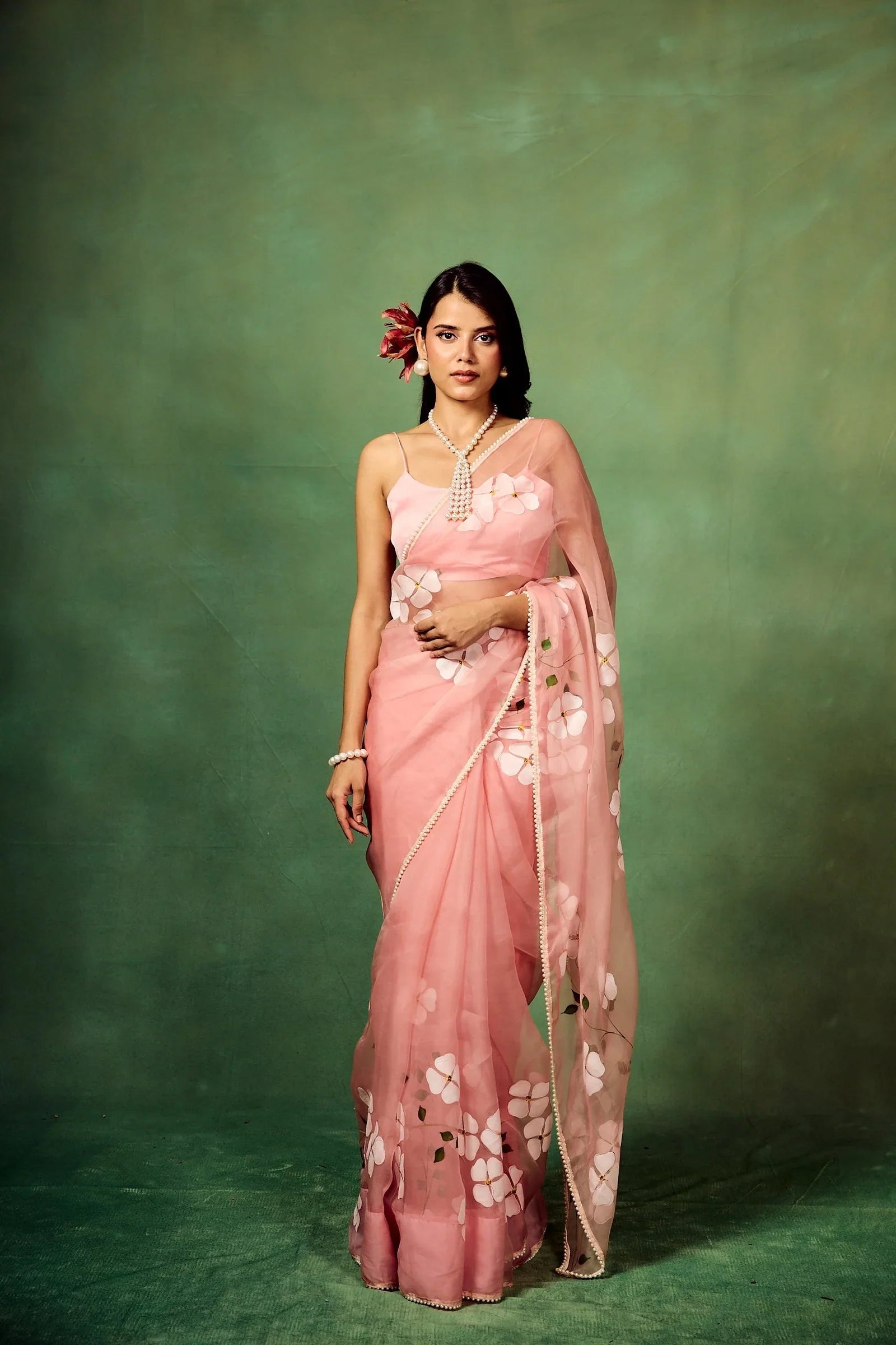 Blush Pink Pure Organza Saree with Hand-Painted White Floral Motifs & Sequin Accents | Satin Blouse FANCY SAREES