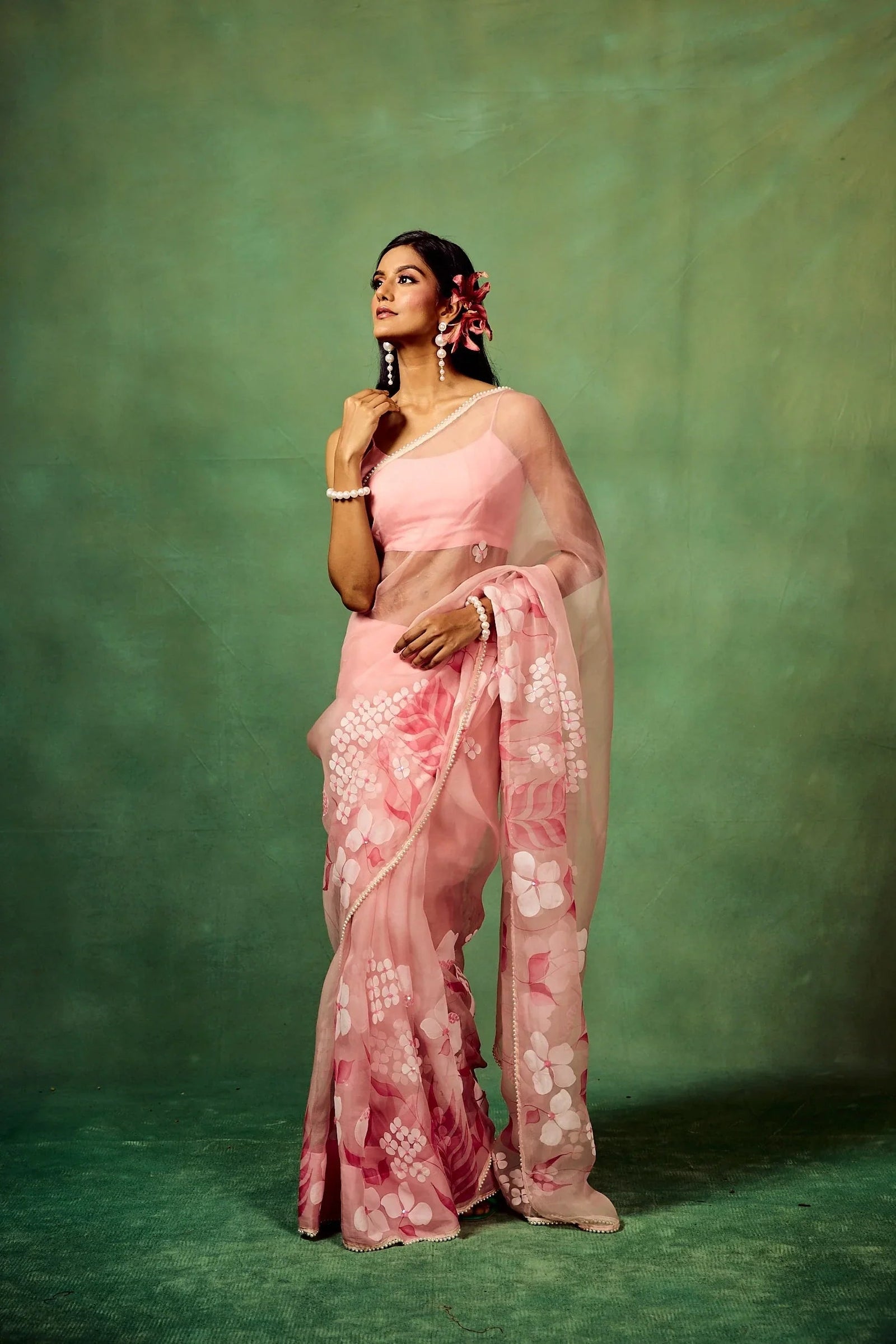 Rose Pink Pure Organza Saree with Hand-Painted Multi-Floral Motifs & Sequin Highlights | Satin Blouse FANCY SAREES