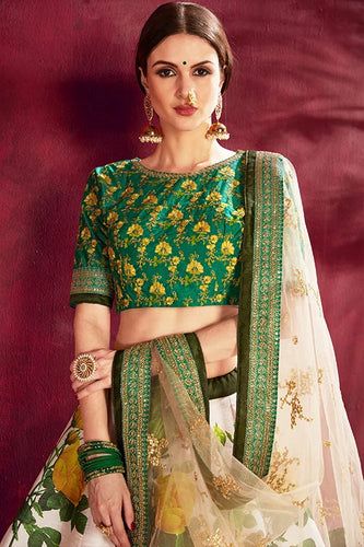 Elegance Cream-Green  Floral Print Lehenga Choli With Dupatta Clothsvilla
