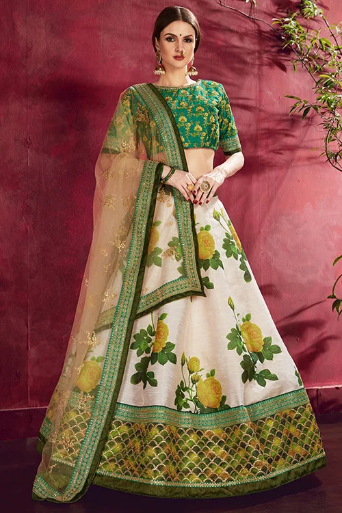 Elegance Cream-Green  Floral Print Lehenga Choli With Dupatta Clothsvilla