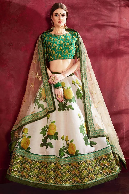 Elegance Cream-Green  Floral Print Lehenga Choli With Dupatta Clothsvilla Main image