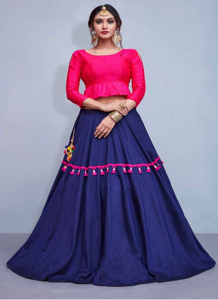 Elegance Pink Crop Top With Tassels Decorated Navy Blue Skirt ClothsVilla
