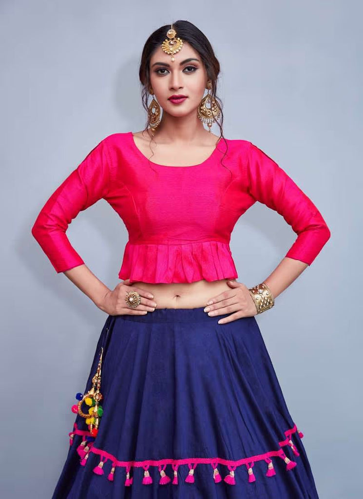 Elegance Pink Crop Top With Tassels Decorated Navy Blue Skirt ClothsVilla