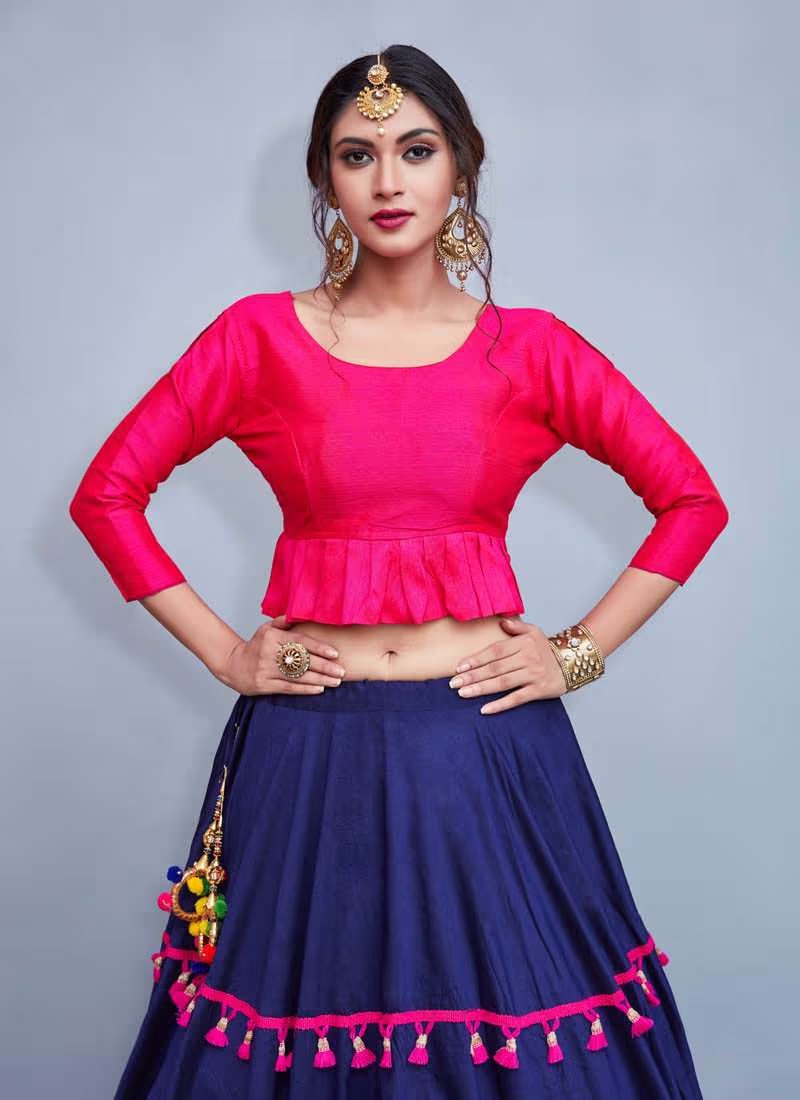 Elegance Pink Crop Top With Tassels Decorated Navy Blue Skir