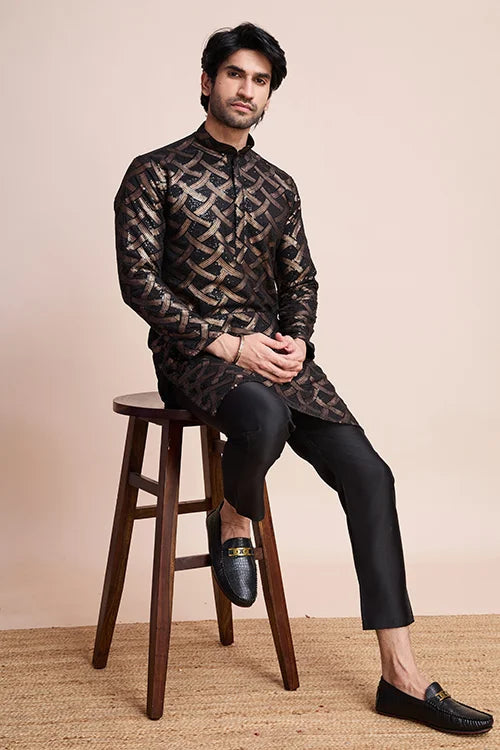 Designer Black Silk Kurta for Men - Festival Ready Wear Clothsvilla