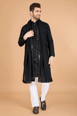 Black Color Kurta with Dupatta for Mens Wear Clothsvilla