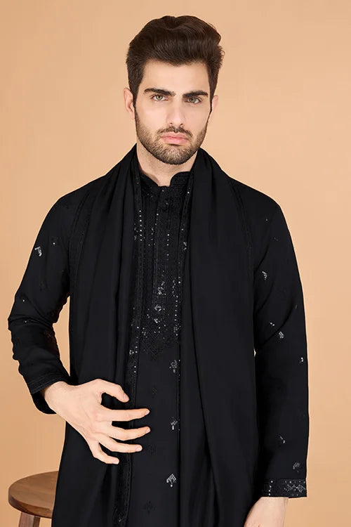 Stylish Black Kurta for Men with Thread Work Design Clothsvilla