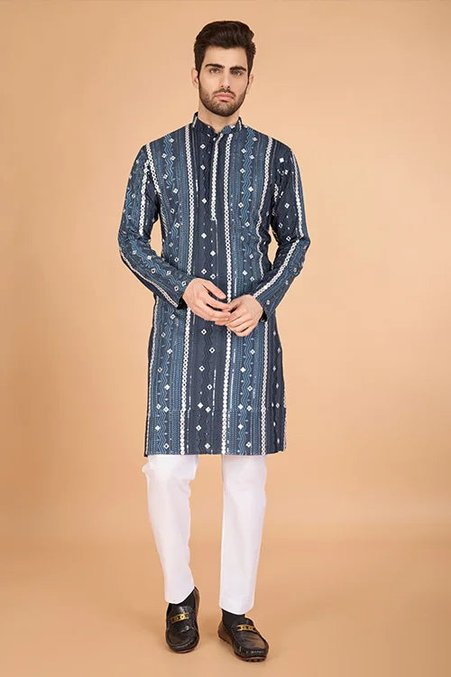 Grey Sequence with Mirror Foil Embroidered Mens Wear Kurta Clothsvilla