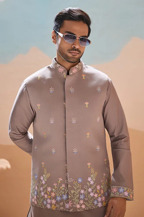 Elegant Grey Embroidered Koti Kurta Pant for Mens Clothsvilla