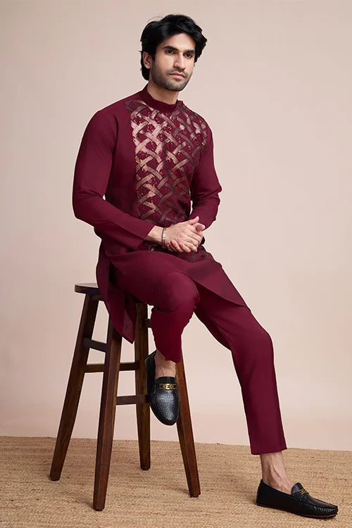 Traditional Embroidered Maroon Silk Kurta for Men Clothsvilla