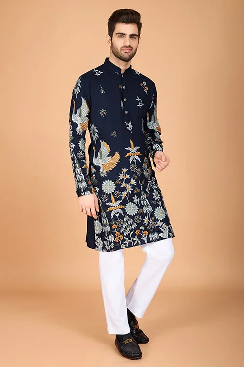 Navy Viscose Rayon Designer Men's Kurta Online Clothsvilla