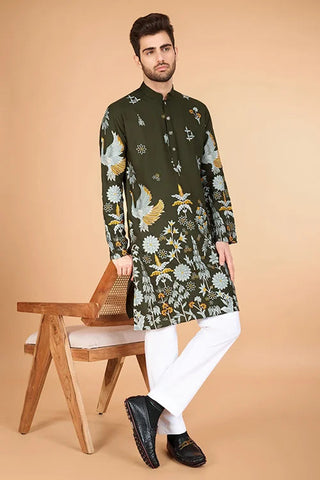 Olive Viscose Rayon Designer Men's Kurta for Festive Clothsvilla