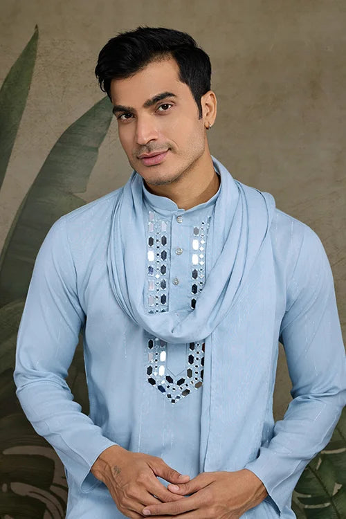 Sky Blue Designer Men's Kurta with Real Mirror Work Clothsvilla
