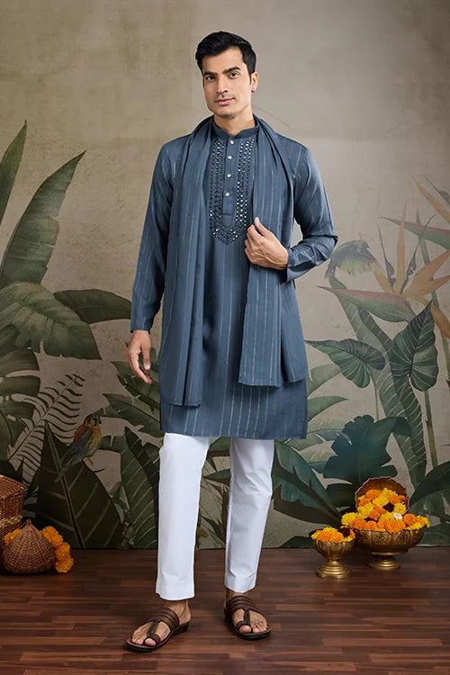 Diwali Special Blue Grey Viscose Silk Kurta with Mirror Work Clothsvilla