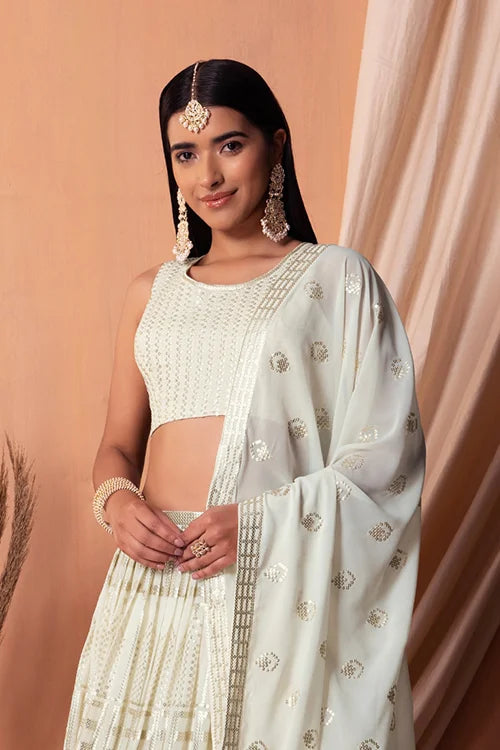 White Bollywood Georgette Lehenga Choli with Sequins Clothsvilla