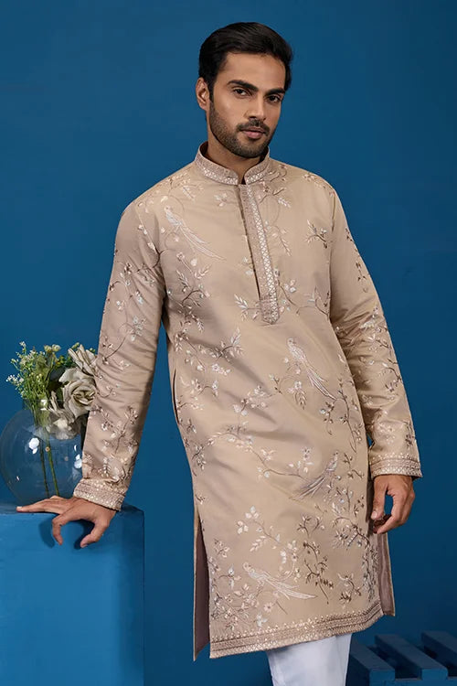 Elegant Beige Embroidered Viscose Silk Kurta for Mens Clothsvilla