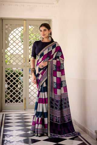 Elegant Chanderi Printed Saree with Temple Border & Matching Blouse ClothsVilla