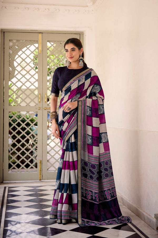 Elegant Chanderi Printed Saree with Temple Border & Matching Blouse ClothsVilla